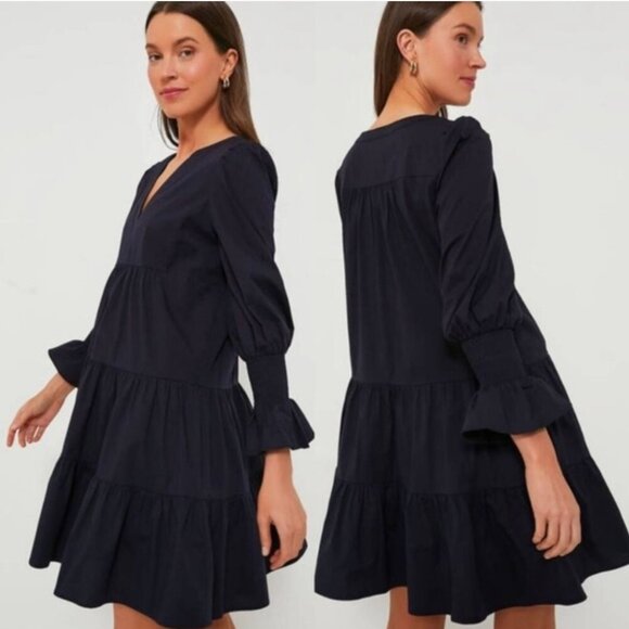 Pomander Place Tuckernuck Crepe Kenzo Little Black Dress Tiered Mini Dress L - Picture 2 of 14